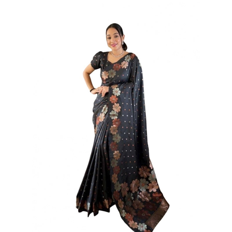 Mayawye Women's Soft Litchi Silk Jacquard Work Saree With Unstitched Blouse 5.5Mtr (Navy Blue)