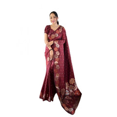 Mayawye Women's Soft Litchi Silk Jacquard Work Saree With Unstitched Blouse 5.5Mtr (Maroon)