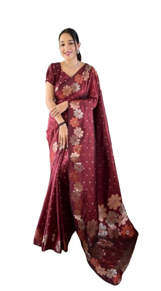 Mayawye Women's Soft Litchi Silk Jacquard Work Saree With Unstitched Blouse 5.5Mtr (Maroon)
