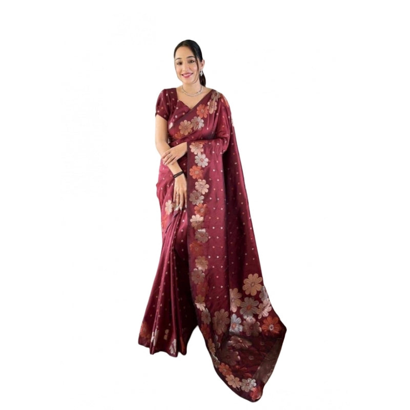 Mayawye Women's Soft Litchi Silk Jacquard Work Saree With Unstitched Blouse 5.5Mtr (Maroon)