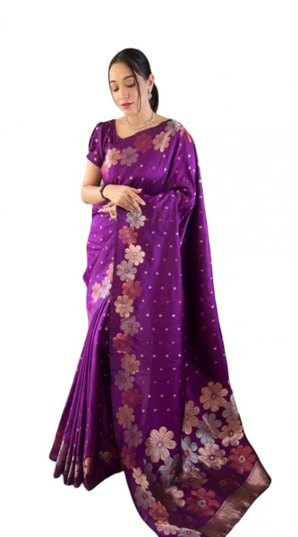 Mayawye Women's Soft Litchi Silk Jacquard Work Saree With Unstitched Blouse 5.5Mtr (Purple)