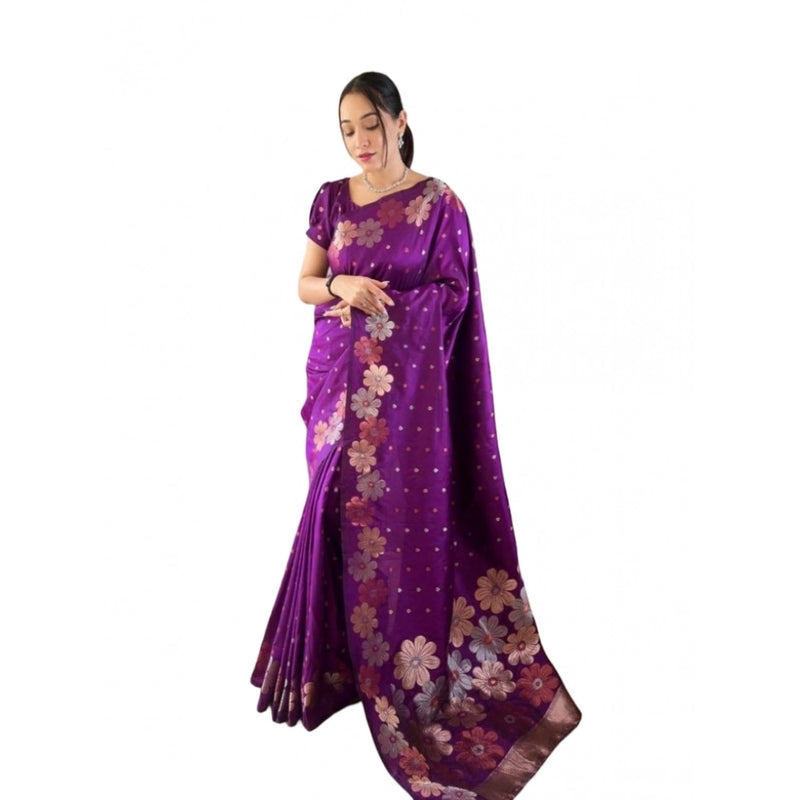 Mayawye Women's Soft Litchi Silk Jacquard Work Saree With Unstitched Blouse 5.5Mtr (Purple)