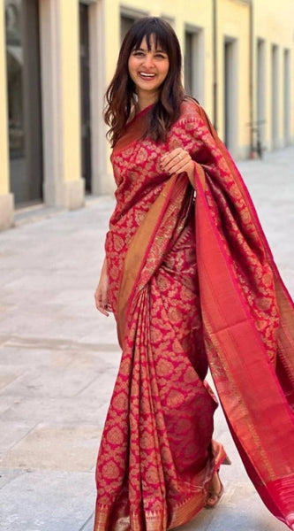 Mayawye Women's Litchi silk Printed Saree With Unstitched Blouse (Red)