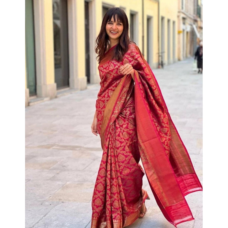 Mayawye Women's Litchi silk Printed Saree With Unstitched Blouse (Red)
