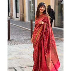 Mayawye Women's Litchi silk Printed Saree With Unstitched Blouse (Red)