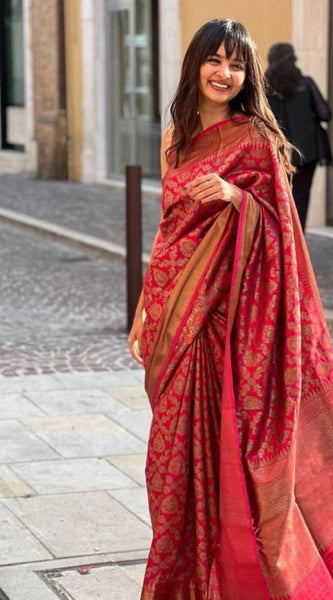 Mayawye Women's Litchi silk Printed Saree With Unstitched Blouse (Red)