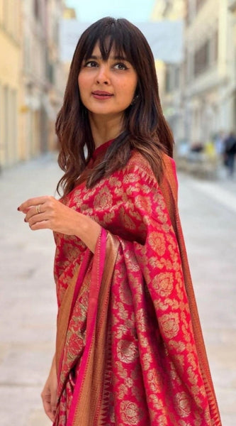Mayawye Women's Litchi silk Printed Saree With Unstitched Blouse (Red)