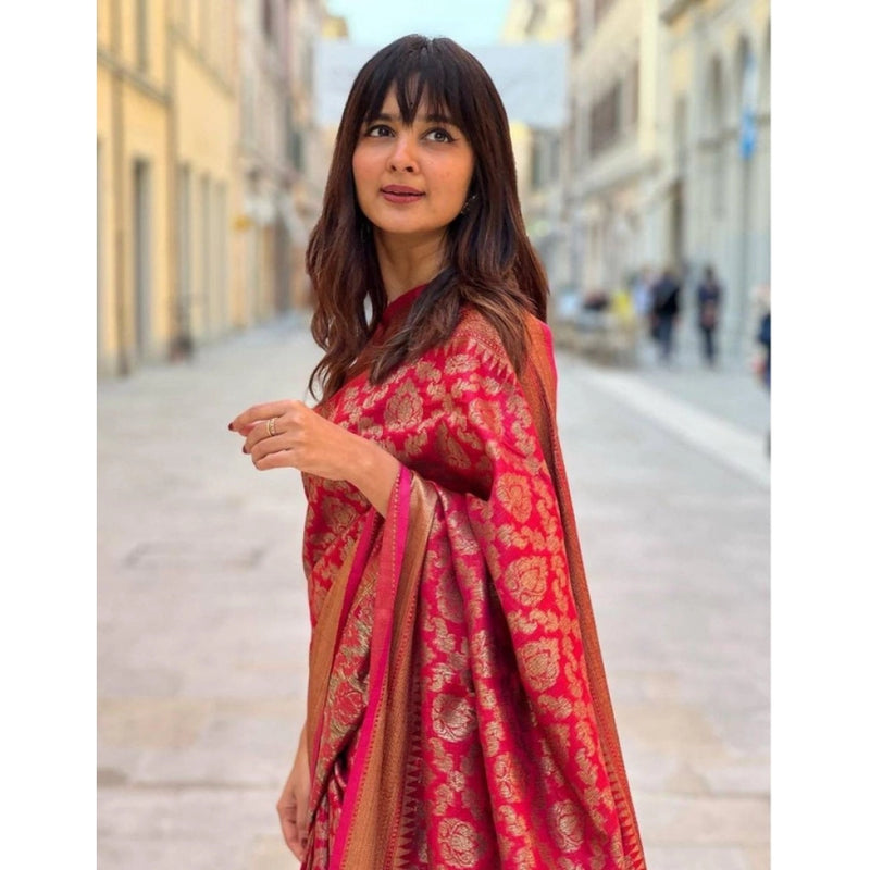 Mayawye Women's Litchi silk Printed Saree With Unstitched Blouse (Red)