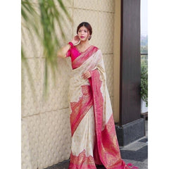 Mayawye Women's Litchi silk Printed Saree With Unstitched Blouse (Half White)