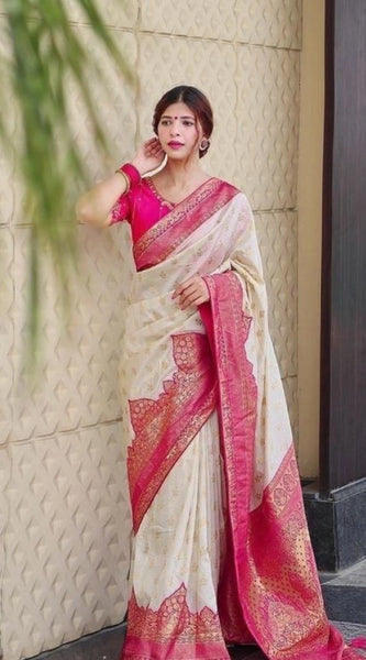 Mayawye Women's Litchi silk Printed Saree With Unstitched Blouse (Half White)