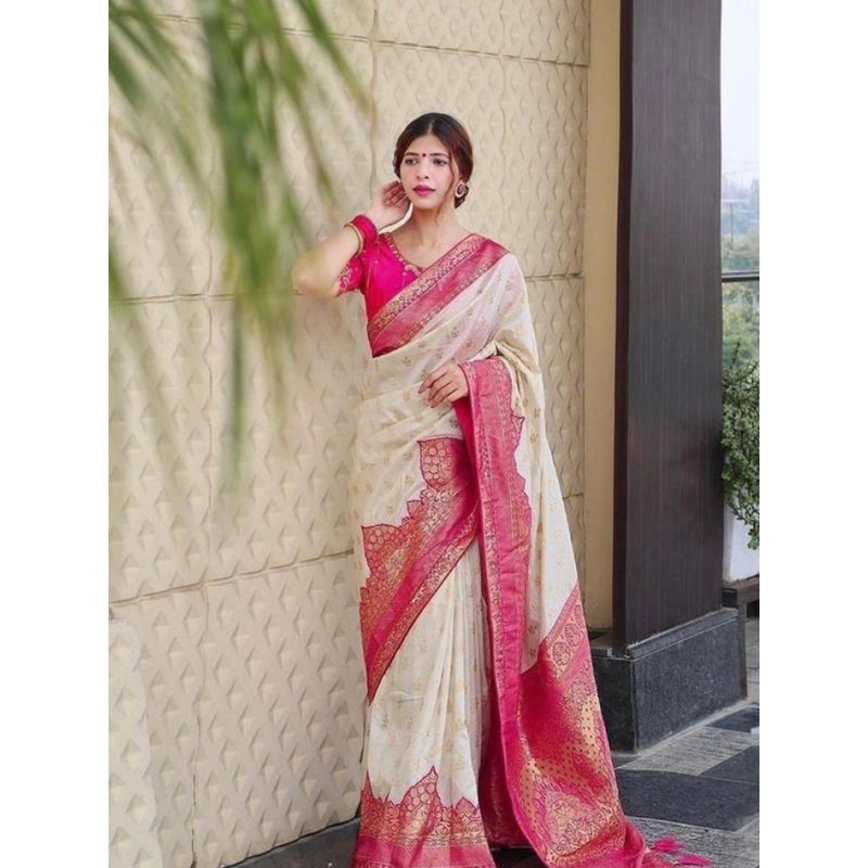 Mayawye Women's Litchi silk Printed Saree With Unstitched Blouse (Half White)