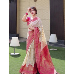 Mayawye Women's Litchi silk Printed Saree With Unstitched Blouse (Half White)