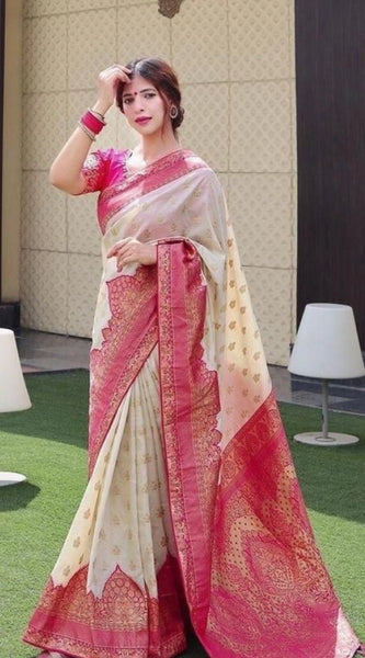 Mayawye Women's Litchi silk Printed Saree With Unstitched Blouse (Half White)