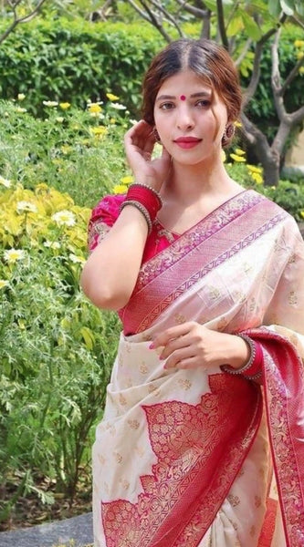 Mayawye Women's Litchi silk Printed Saree With Unstitched Blouse (Half White)