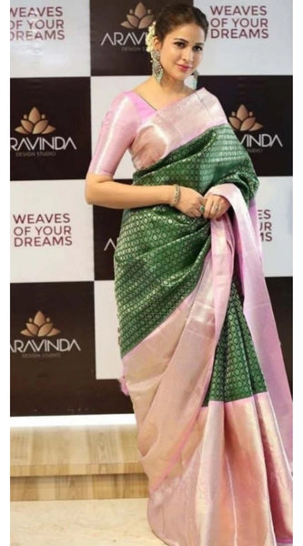 Mayawye Women's Litchi silk Printed Saree With Unstitched Blouse (Green)