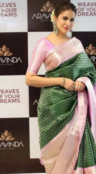 Mayawye Women's Litchi silk Printed Saree With Unstitched Blouse (Green)
