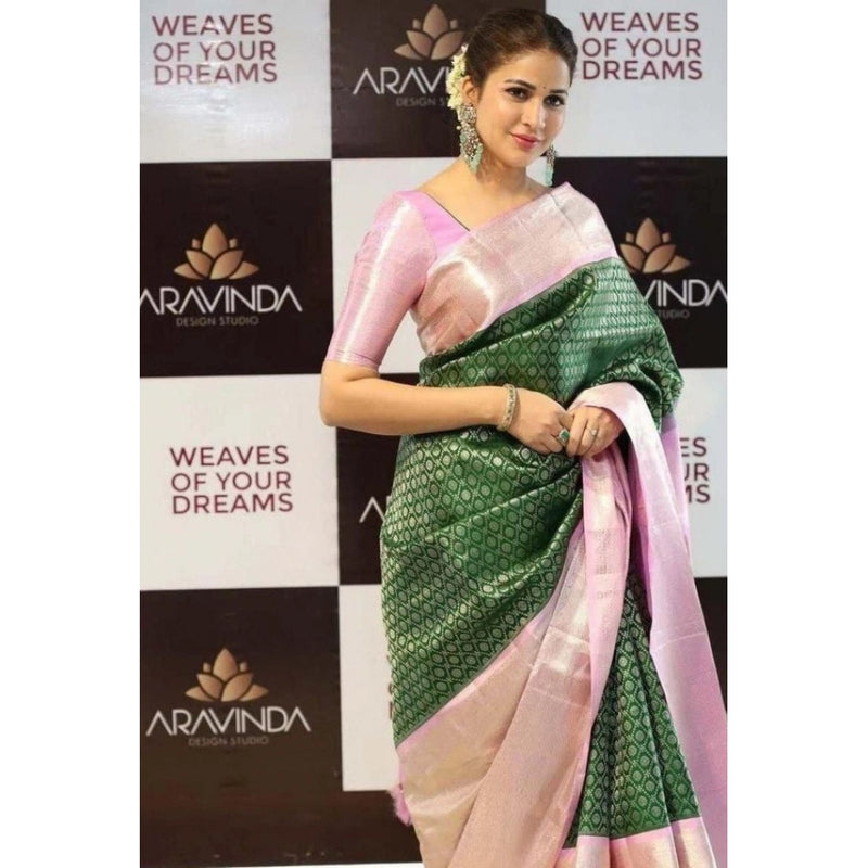 Mayawye Women's Litchi silk Printed Saree With Unstitched Blouse (Green)