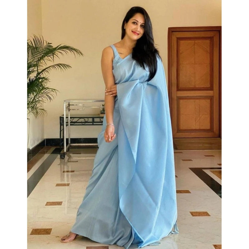 Mayawye Women's Litchi silk Printed Saree With Unstitched Blouse (Light Blue)