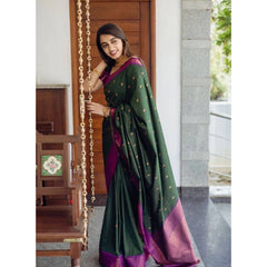 Mayawye Women's Litchi silk Printed Saree With Unstitched Blouse (Dark Green)