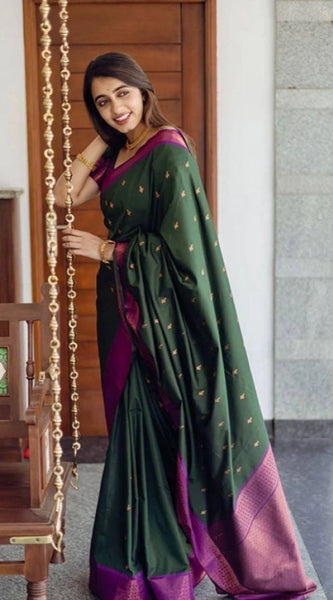 Mayawye Women's Litchi silk Printed Saree With Unstitched Blouse (Dark Green)