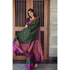 Mayawye Women's Litchi silk Printed Saree With Unstitched Blouse (Dark Green)