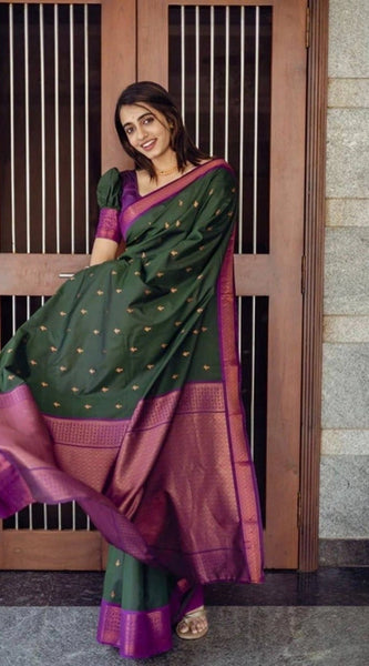 Mayawye Women's Litchi silk Printed Saree With Unstitched Blouse (Dark Green)