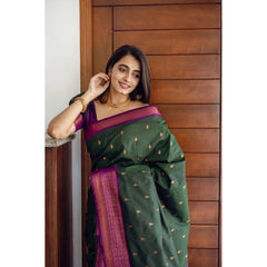 Mayawye Women's Litchi silk Printed Saree With Unstitched Blouse (Dark Green)