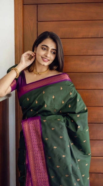 Mayawye Women's Litchi silk Printed Saree With Unstitched Blouse (Dark Green)