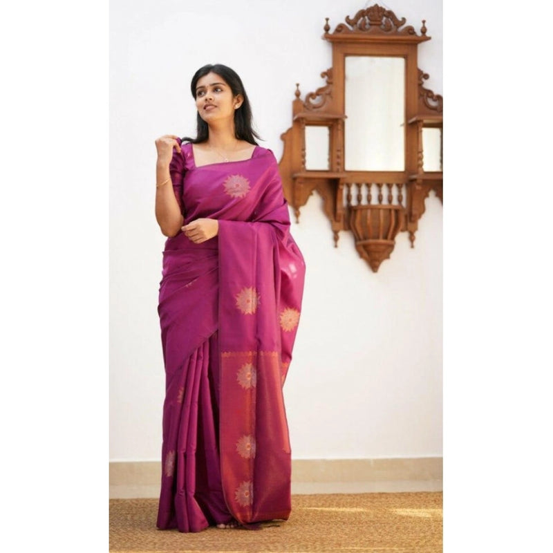 Mayawye Women's Litchi silk Printed Saree With Unstitched Blouse (Dark Pink)