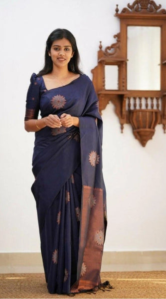 Mayawye Women's Litchi silk Printed Saree With Unstitched Blouse (Dark Blue)