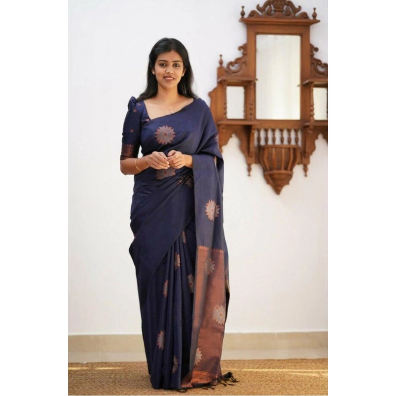 Mayawye Women's Litchi silk Printed Saree With Unstitched Blouse (Dark Blue)
