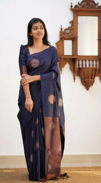 Mayawye Women's Litchi silk Printed Saree With Unstitched Blouse (Dark Blue)