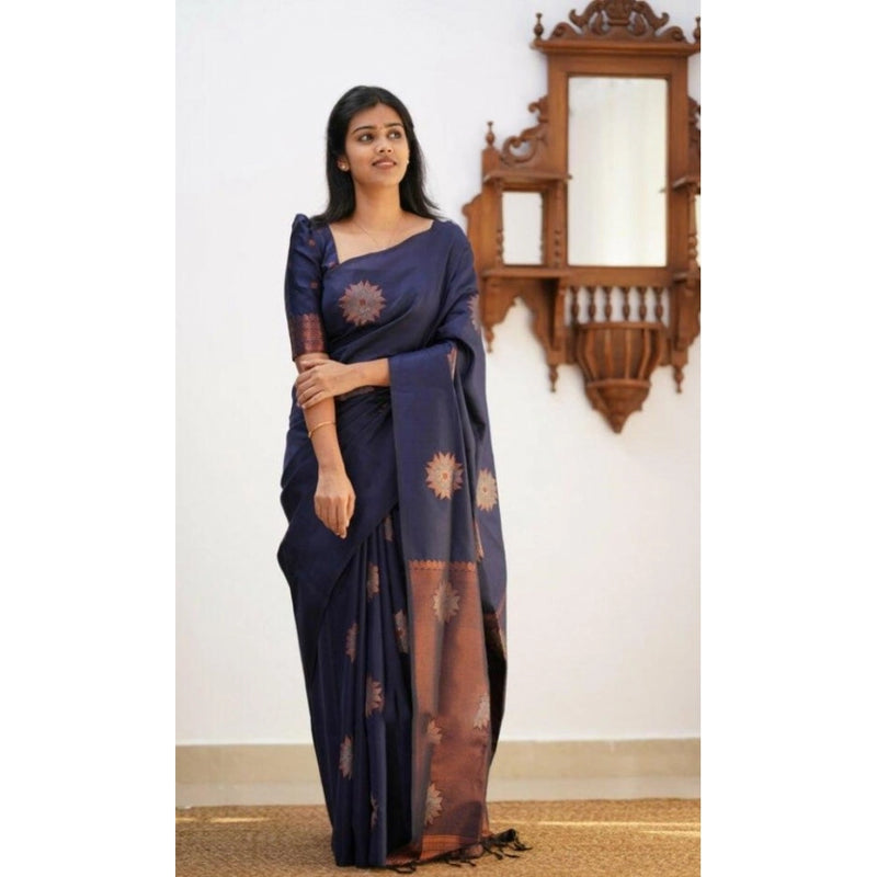 Mayawye Women's Litchi silk Printed Saree With Unstitched Blouse (Dark Blue)
