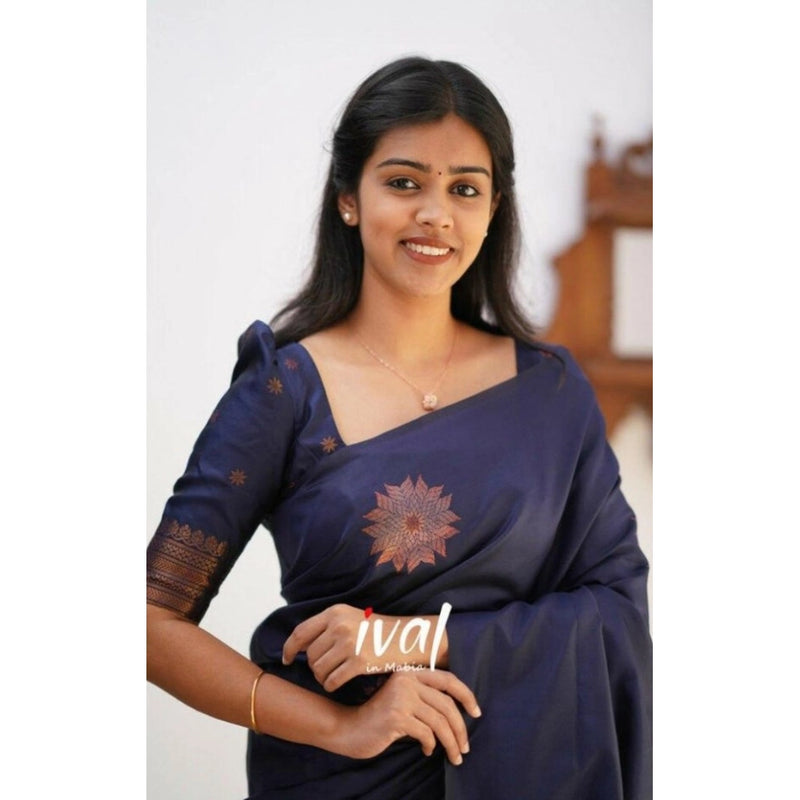 Mayawye Women's Litchi silk Printed Saree With Unstitched Blouse (Dark Blue)