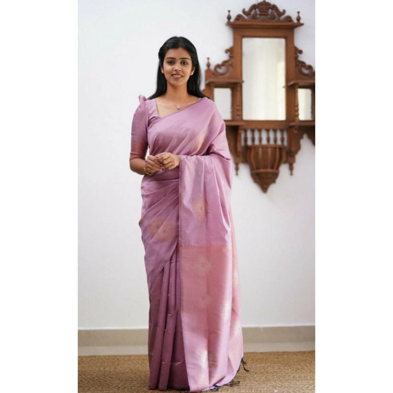 Mayawye Women's Litchi silk Printed Saree With Unstitched Blouse (Light Pink)