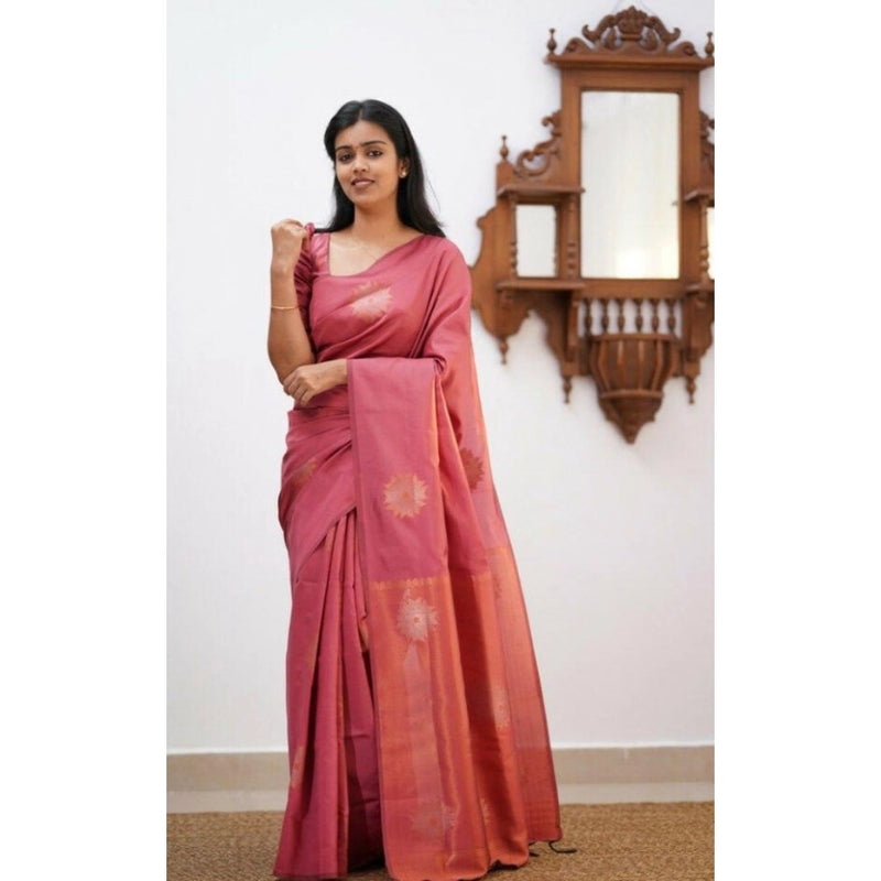 Mayawye Women's Litchi silk Printed Saree With Unstitched Blouse (Peach)