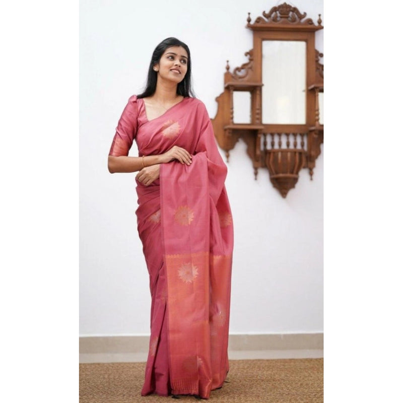 Mayawye Women's Litchi silk Printed Saree With Unstitched Blouse (Peach)