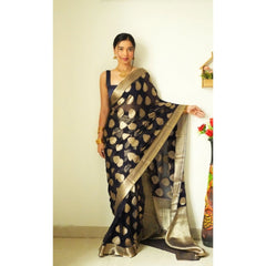 Mayawye Women's Litchi silk Printed Saree With Unstitched Blouse (Black)