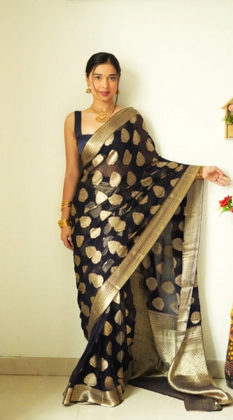 Mayawye Women's Litchi silk Printed Saree With Unstitched Blouse (Black)