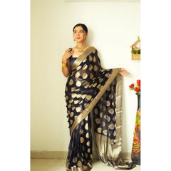 Mayawye Women's Litchi silk Printed Saree With Unstitched Blouse (Black)