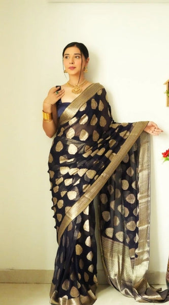 Mayawye Women's Litchi silk Printed Saree With Unstitched Blouse (Black)