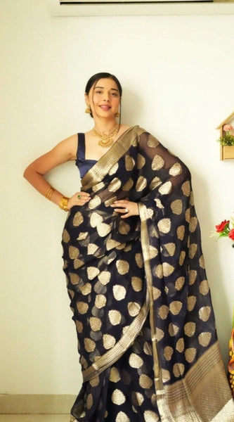 Mayawye Women's Litchi silk Printed Saree With Unstitched Blouse (Black)