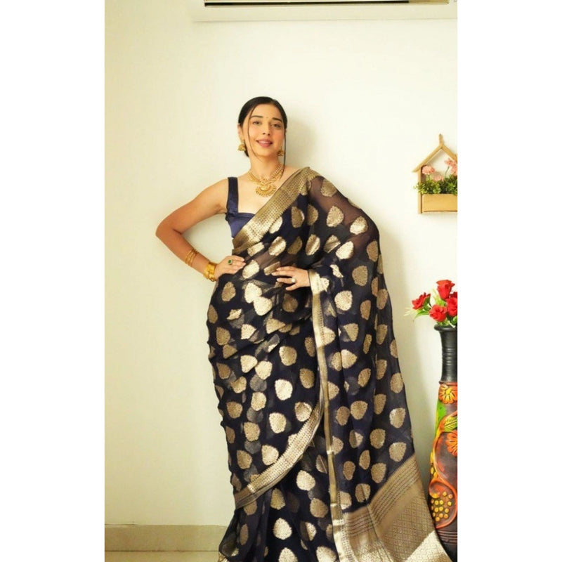 Mayawye Women's Litchi silk Printed Saree With Unstitched Blouse (Black)