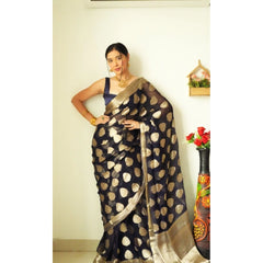 Mayawye Women's Litchi silk Printed Saree With Unstitched Blouse (Black)