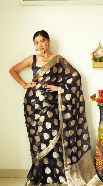 Mayawye Women's Litchi silk Printed Saree With Unstitched Blouse (Black)