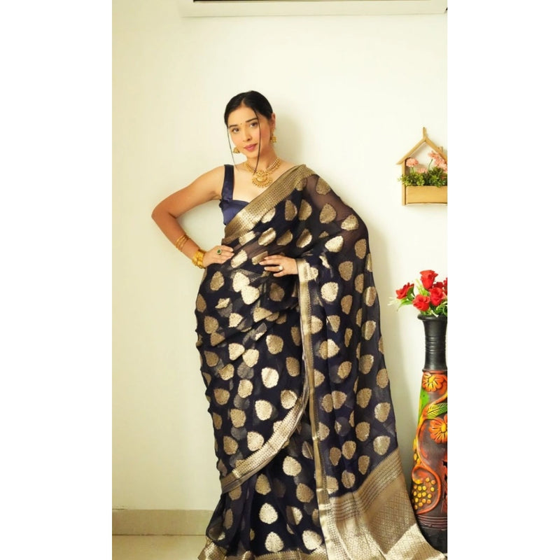Mayawye Women's Litchi silk Printed Saree With Unstitched Blouse (Black)