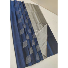 Mayawye Women's Litchi silk Printed Saree With Unstitched Blouse (Dark Blue)