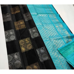 Mayawye Women's Litchi silk Printed Saree With Unstitched Blouse (Black With Blue)