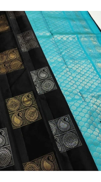 Mayawye Women's Litchi silk Printed Saree With Unstitched Blouse (Black With Blue)