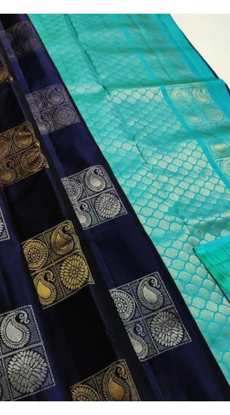 Mayawye Women's Litchi silk Printed Saree With Unstitched Blouse (Navy Blue With Turquise Blue)